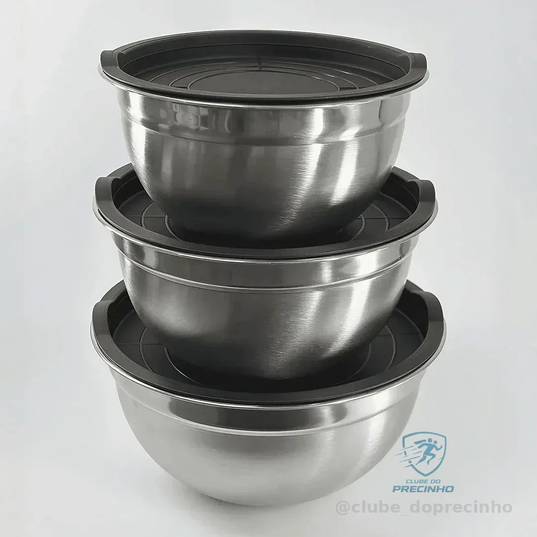 Kit 3 Bowls Inox Com Tampa Hermética 22cm 20cm 18cm Potes Aço Inox Cozinha Armazenamento Alimentos A Tabuleria