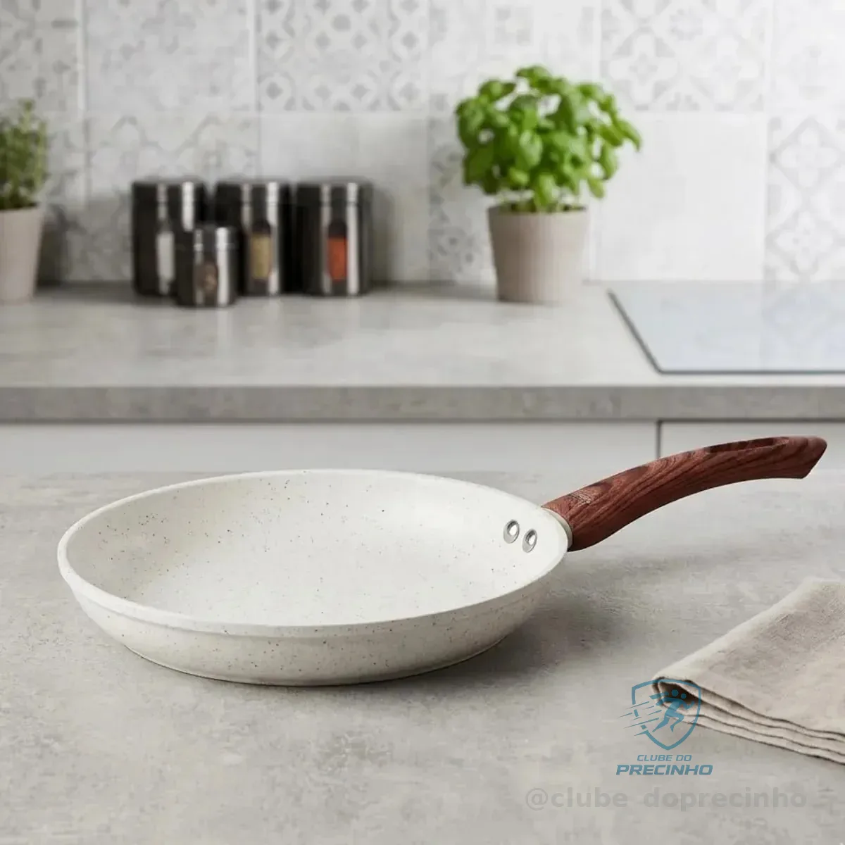 Frigideira De Cerâmica Com Cabo De Madeira Para Indução E Gás, 20 Cm, Creme