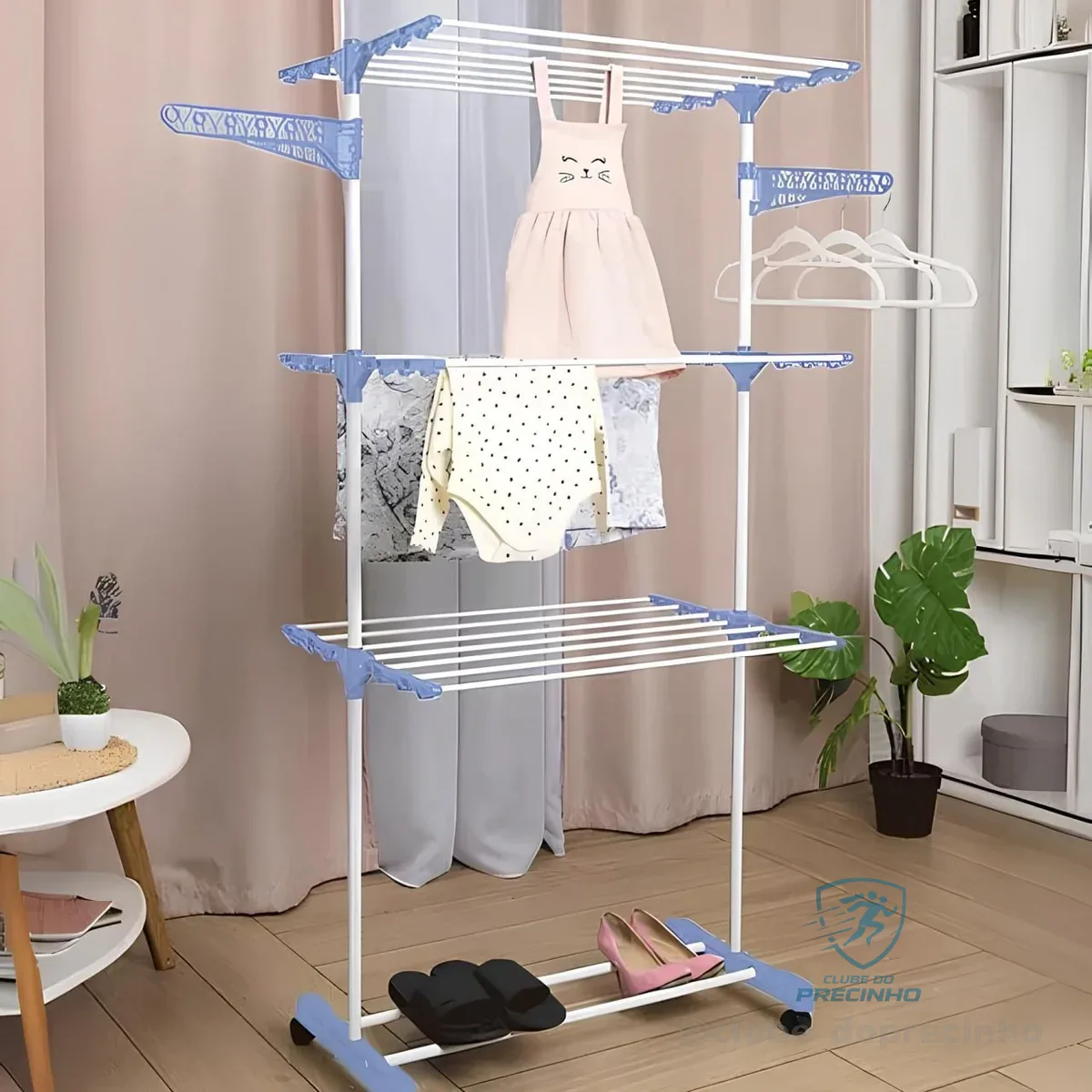Varal De Chão 3 Andares Dobrável Retrátil Aço Com 4 Rodas Azul Resistente Multiuso Grande Para Roupas Vertical Compacto Fácil Montagem Alta Capacidade Secagem Prático Ems Click