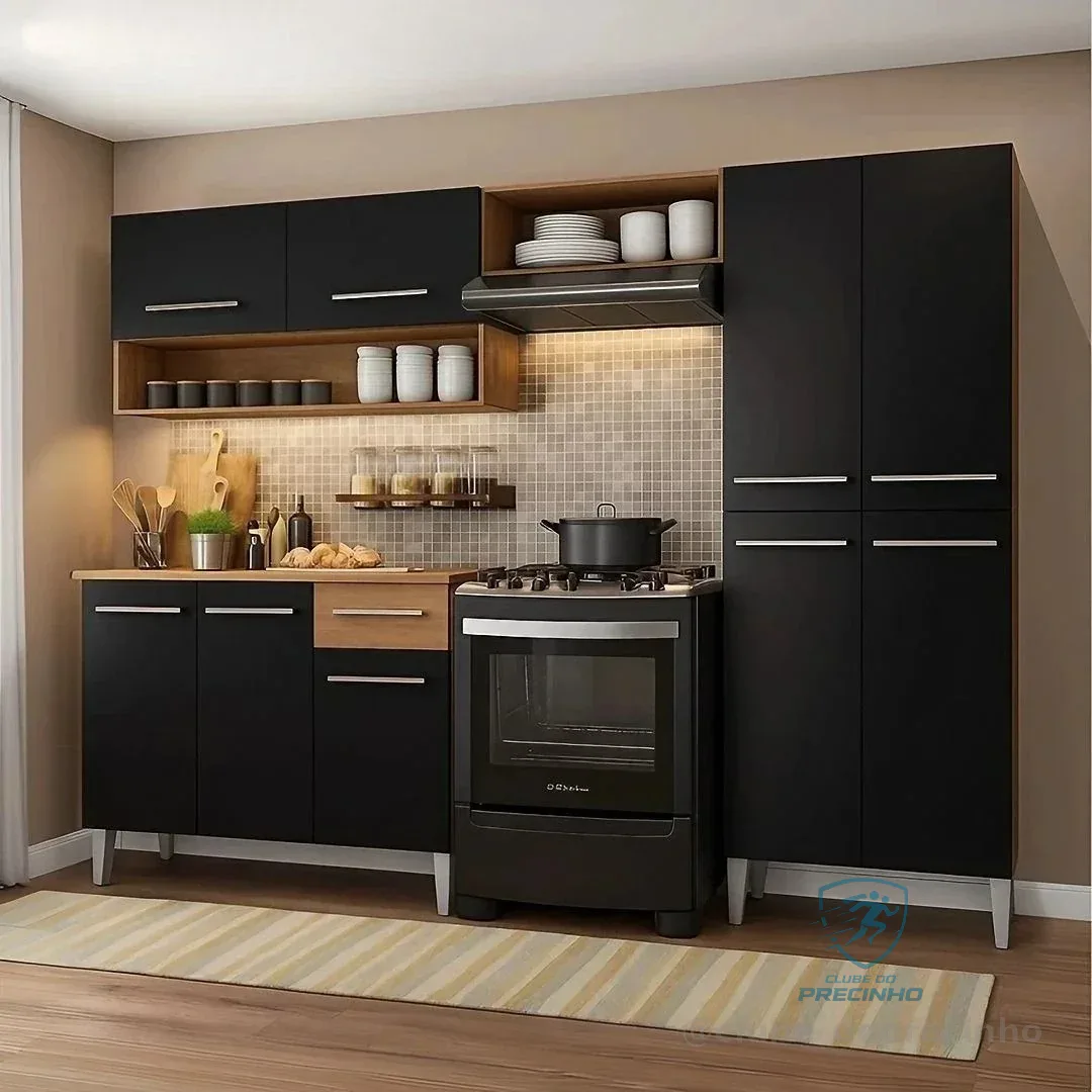 Armário De Cozinha Modulada Completa Compacta Emilly Pop Com Armário E Balcão Cor Rustic/preto Grem229002 Rústico/preto