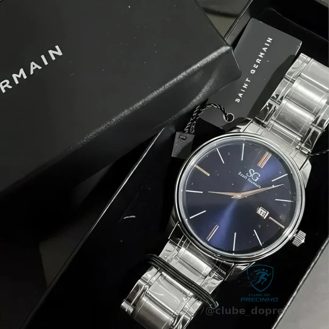 Relógio Masculino Clássico Pulseira Prata Correia Prateada Bisel Prateado Fundo Azul Marinho Saint Germain 42mm Elegante Detalhes Bronze