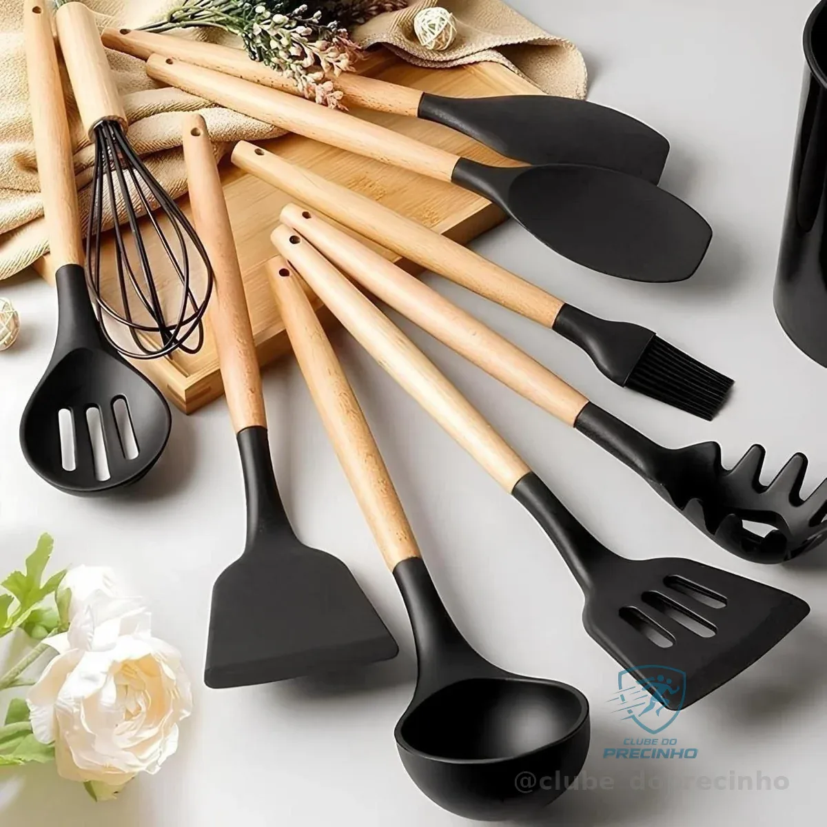 Kit C/12 Utensílios De Cozinha Silicone Cabo Madeira