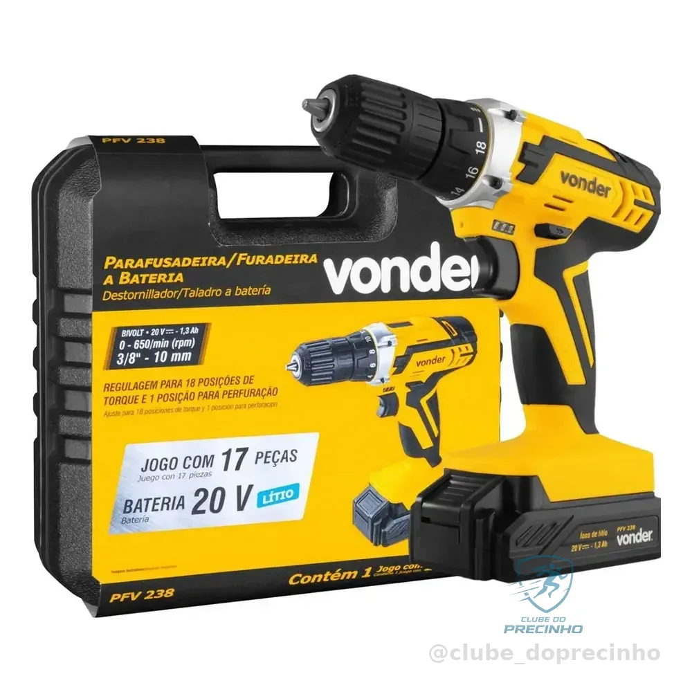 Parafusadeira E Furadeira A Bateria Pfv 238 Completa Com Maleta De Transporte E Acessórios - Vonder Amarelo 127/220v 50 Hz/60 Hz
