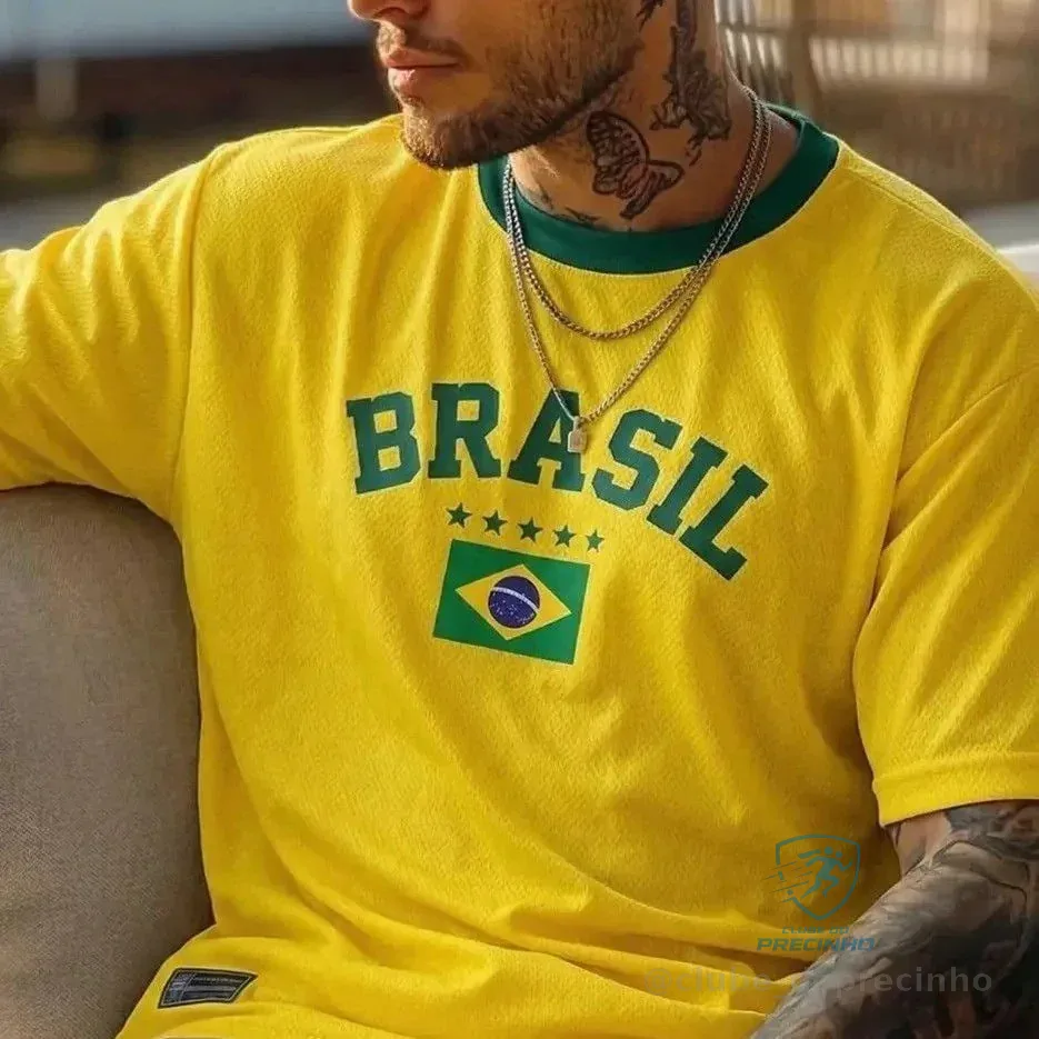 Blusa Brasil Retrô Estampada Bandeira Camiseta Masculina Amarelo M