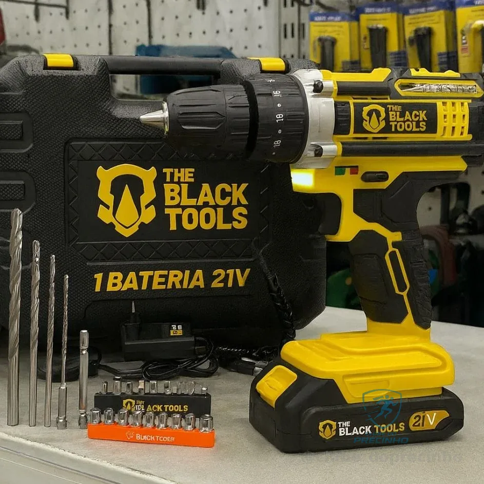 Furadeira E Parafusadeira De Impacto Sem Fio A Bateria 21v 3/8 Com Maleta E Acessorios Tb-21pzw The Black Tools Amarelo 127/220v 50/60hz