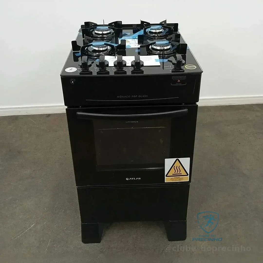 Fogão 4 Bocas Atlas Mônaco Top Glass Com Mesa De Vidro E Acendimento Automático Preto Bivolt 127/220v