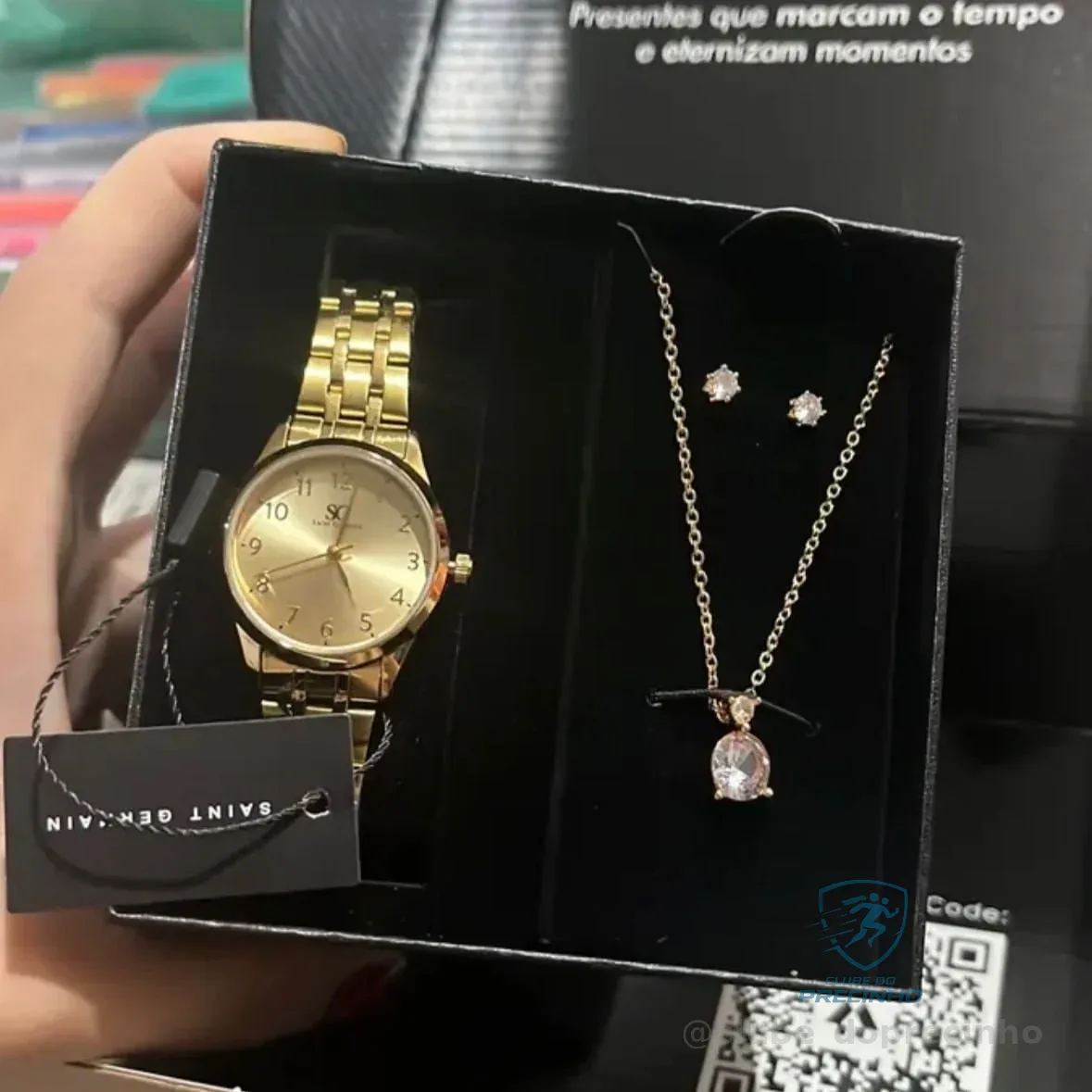 Kit Relógio Colar E Brincos Ponto De Luz Dourado Feminino Luxo Golden Saint Germain Presente Original Joias Elegante Clássico 28mm