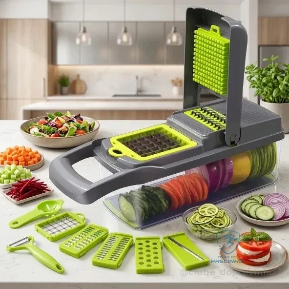 Cortador Fatiador Ralador De Legumes Multifuncional 16 Em 1 Mandolin Julienne Picador Triturador De Verduras Frutas Com Lâminas Inox Recipiente Coletor Manual Cozinha - Honey Play Box Verde/preto