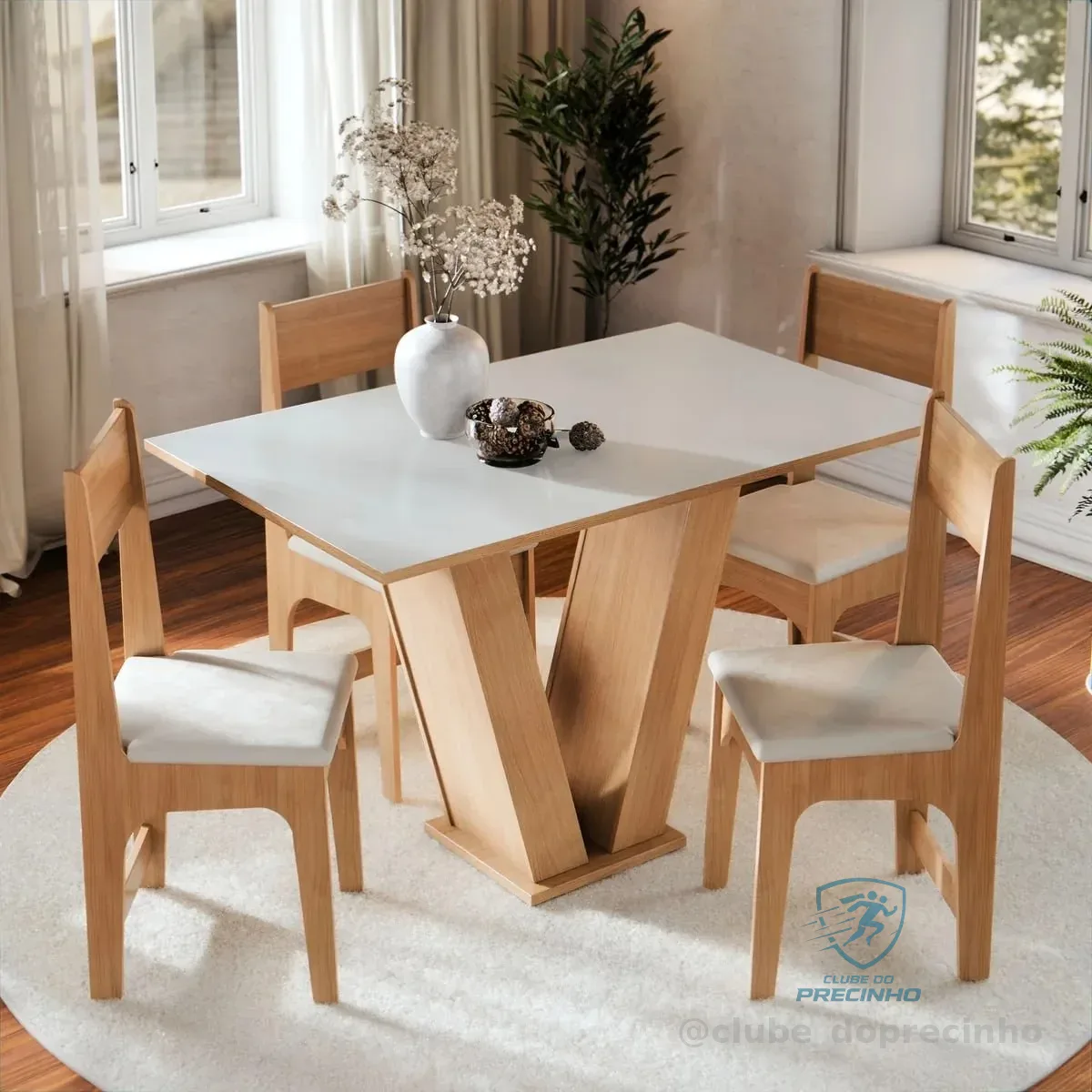 Conjunto De Jantar Vivi Com 4 Cadeiras Estofadas, Mesa Retangular Tampo Branco Off E Base Mel Mel Off Liso