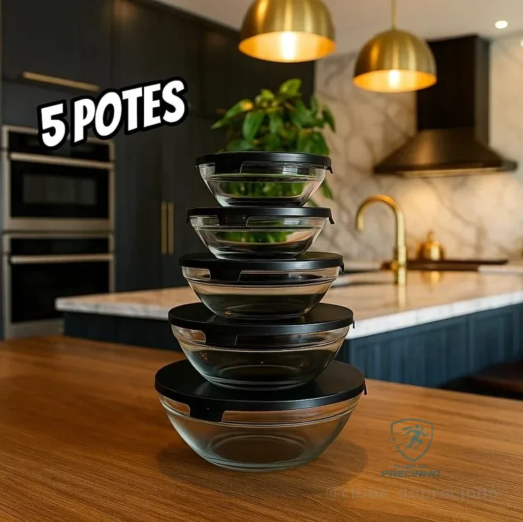 Conjunto de 5 Bowls de Vidro com Tampa Preta, Recipientes Herméticos para Alimentos, 140ml a 930ml, Transparente