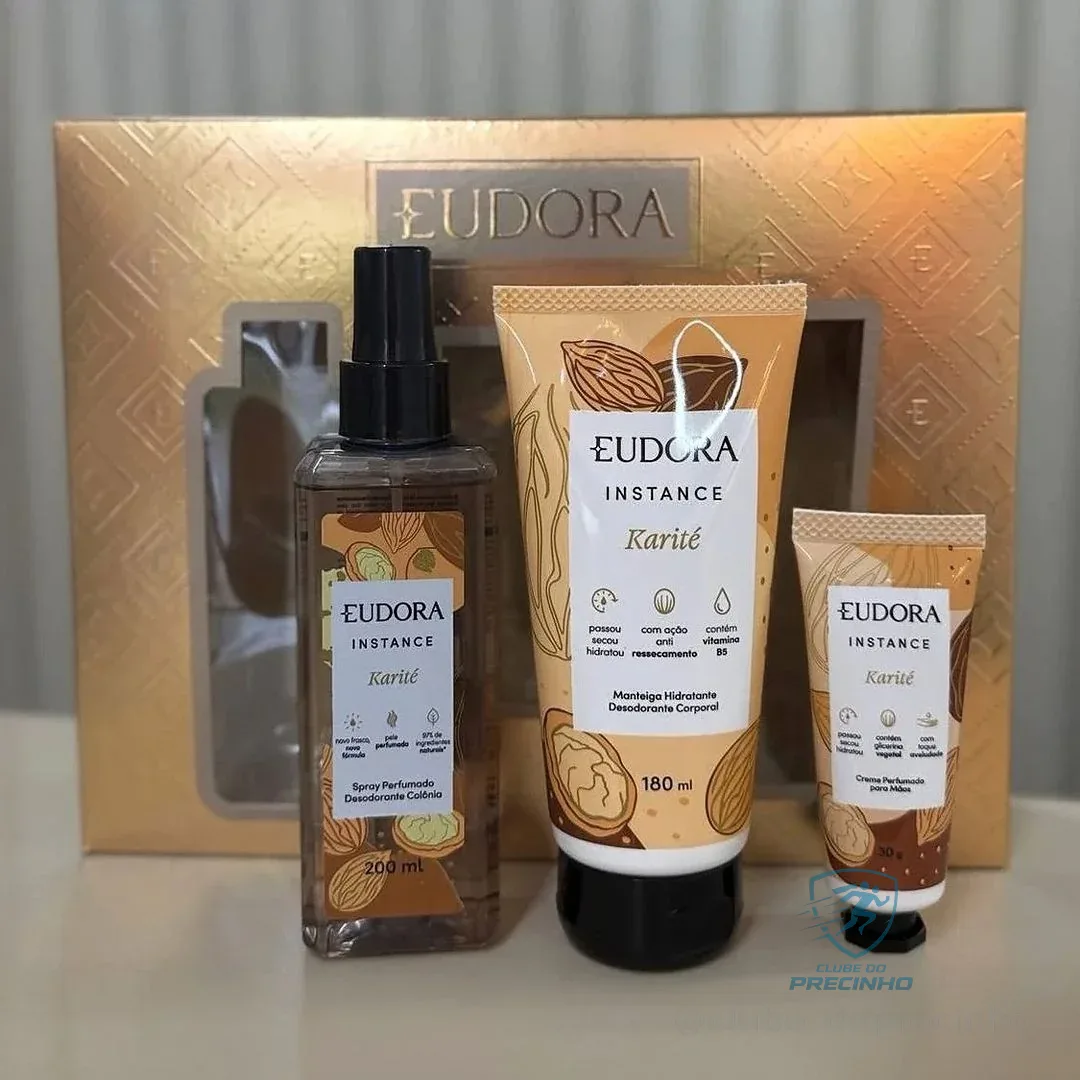 Eudora Kit Presente Instance Karité (3 Itens) - Hidratante 180ml - Creme para mãos 30g - Body splash 200ml