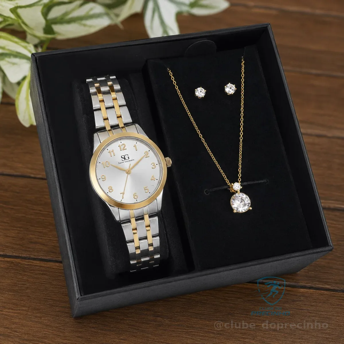 Kit Relógio Colar E Brincos Ponto De Luz Dourado E Prateado Feminino Luxo Saint Germain 28mm