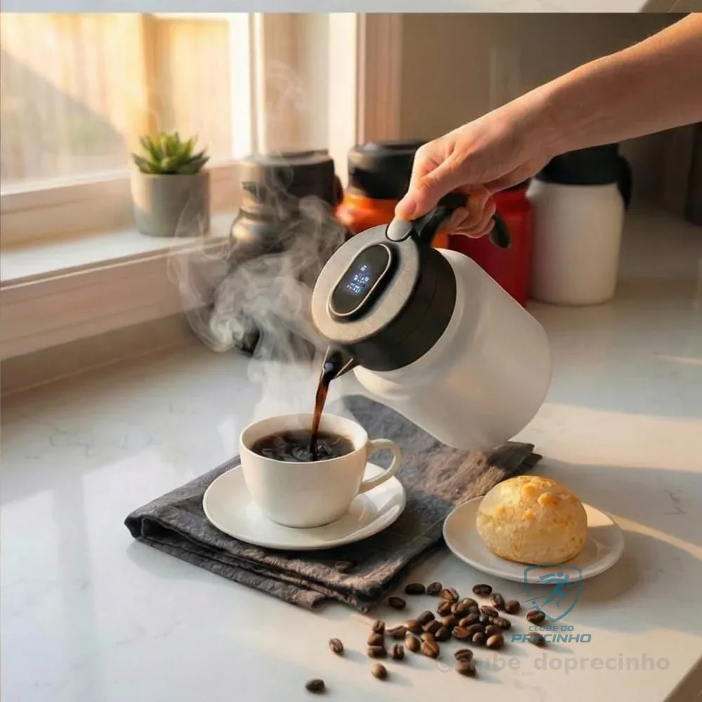 Garrafa Térmica Inox Premium com Termômetro LED, 1 Litro, para Café e Chá, Vedação Hermética, Filtro em Aço Inox 304, Isolamento a Vácuo (Branco)