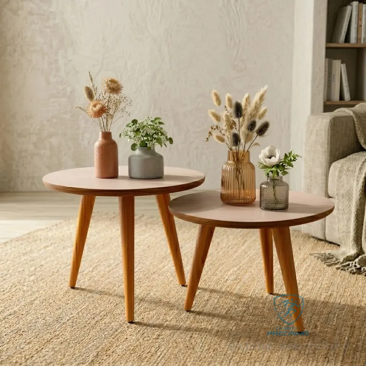 Conjunto Mesa De Centro Para Sala Lateral Redonda Pés Palito
