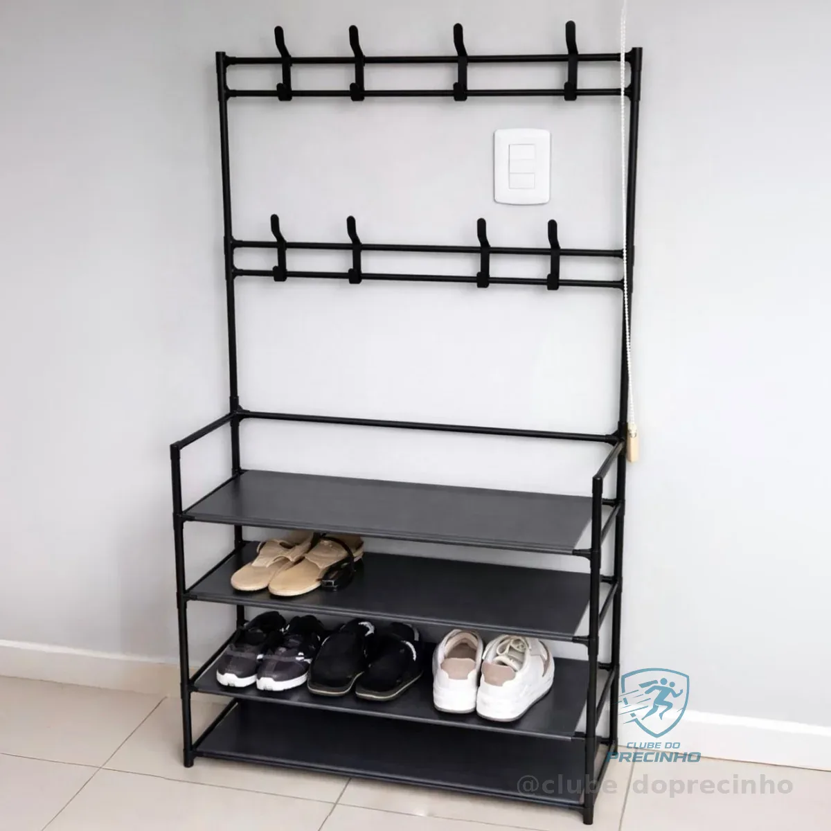 Sapateira Organizador Porta Sapatos 12 Pares Com 8 Ganchos Cabideiro Arara Roupas Sapatos Bolsas Cor Preto