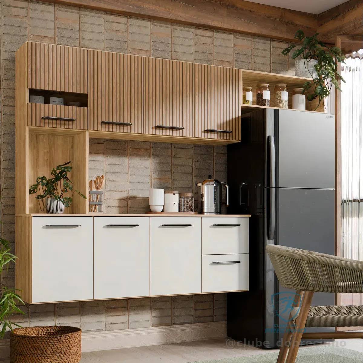 Armário De Cozinha Completa Aéreo 7 Portas E 2 Gavetas Planejada Suspenso Branco Off White Ripado Carvalho Nature Amadeirado Off Ripado