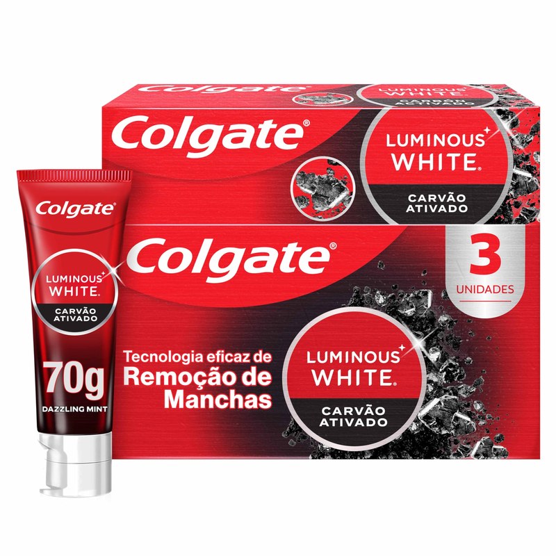 Colgate Creme Dental Luminous White Carvão Ativado 70g, 3 Unidades, Clareador Dental Avançado, Poderosa Remoção de Manchas, Sorriso Mais Branco e Deslumbrante