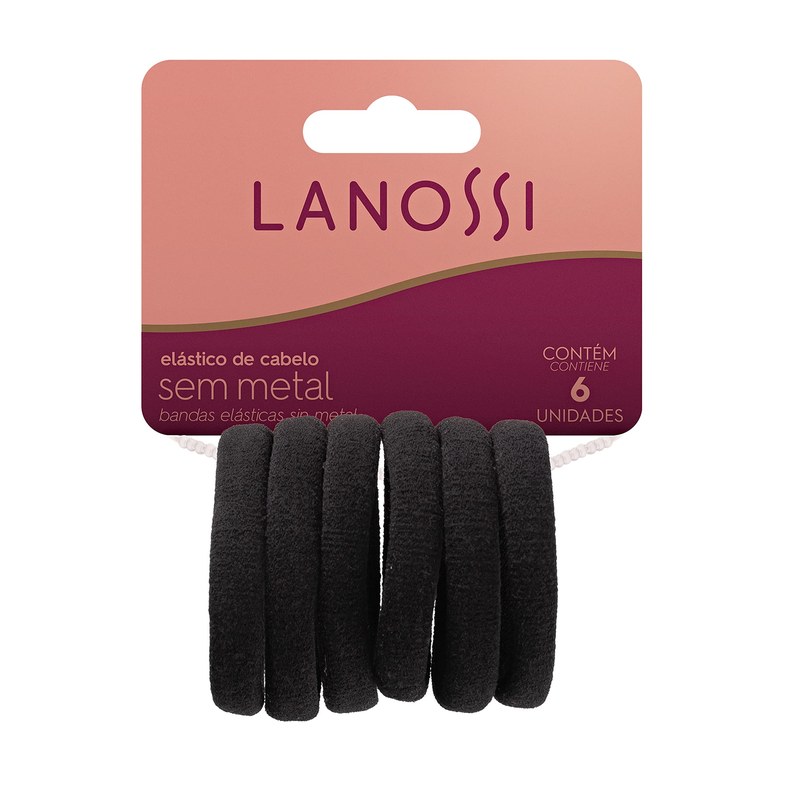 Conjunto de Elásticos para Cabelos, Sem Metal, Contém 6 Unidades, Cor Preto, Lanossi Beauty & Care.