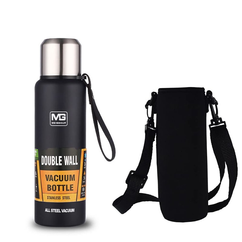 Garrafa Térmica De Aço Inoxidável Com Corda E Bolsa (Preto 1L)