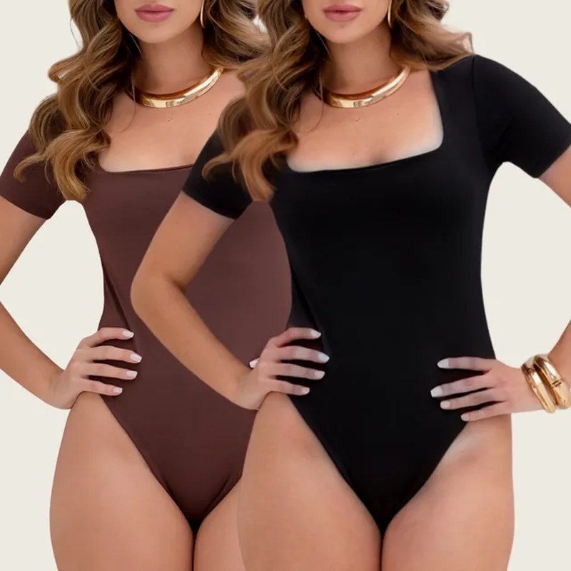 Kit 2 Body Collant Suplex Decote Quadrado Manga Curta Básico