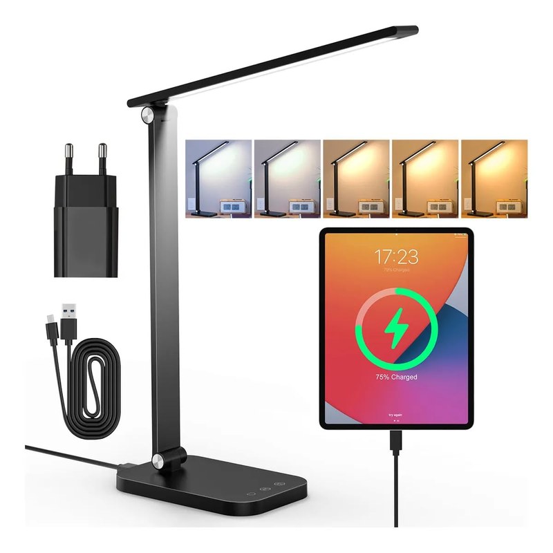 Luminária de Mesa LED com Dupla Alimentação Tomada e USB, 50 LEDs 320Lm, Dimerização Contínua 3000K-6000K, Timer 45min, Toque Sensível, Ideal para Escritório, Estudo e Quarto, Preto