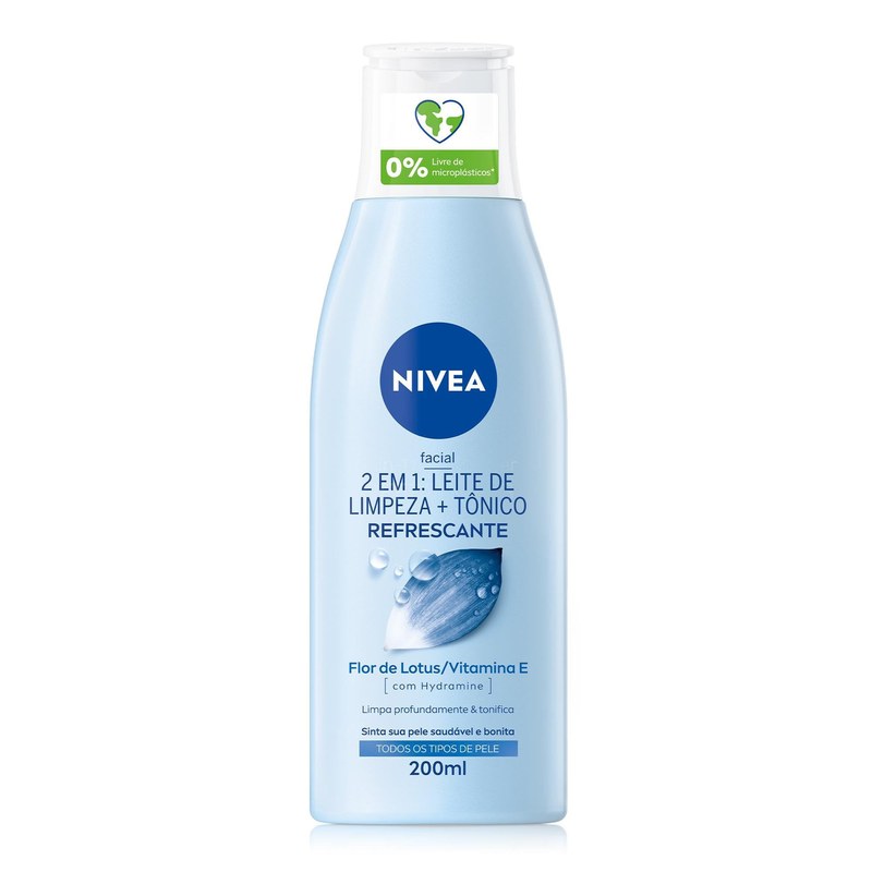 NIVEA Loção 2 em 1 Leite de Limpeza Facial + Tônico Refrescante 200ml, Limpeza Profunda, Remove Impurezas, Tonifica, Vitamina E