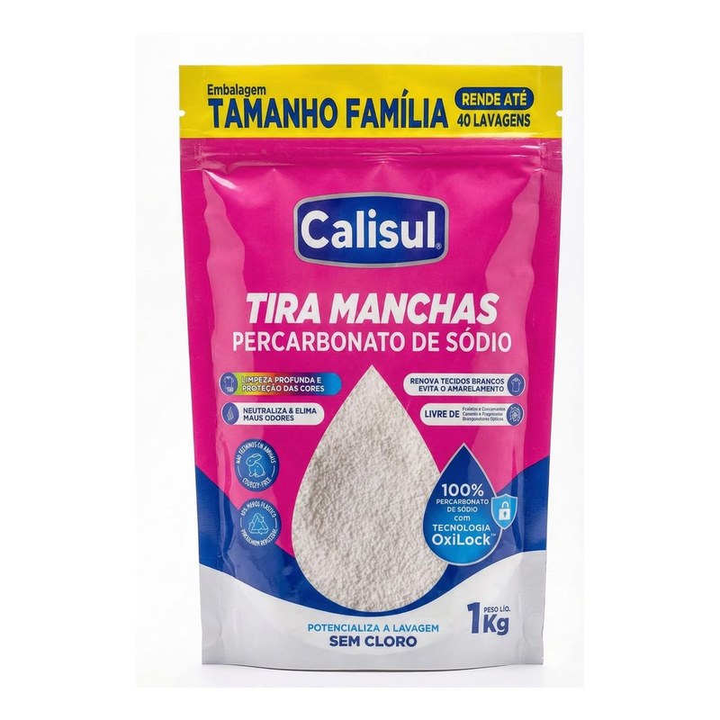 Percarbonato de Sódio 1kg 100% Puro Tira Manchas em Pó Sem Cloro, Biodegradável e Seguro para Roupas Brancas, Coloridas e Limpeza Doméstica Calisul