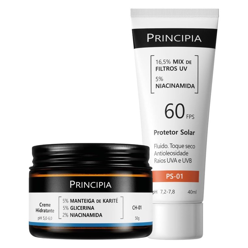 PRINCIPIA, Kit Hidratação e Proteção Solar, com duas fórmulas: um creme hidratante com glicerina + manteiga de karité + niacinamida e um protetor solar fluido antioleosidade com mix de filtros UV + niacinamida, FPS 60, toque seco e com eficácia contra raios UVA e UVB.
