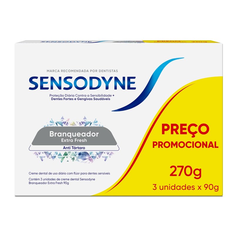 Sensodyne Creme Dental Branqueador Extra Fresh com Flúor, Leve 3 e Pague 2, Anti Tártaro, Contra Sensibilidade, 90g cada