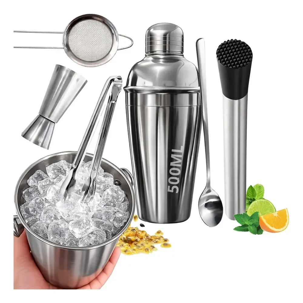 Kit Caipirinha Profissional 7 Peças Inox Coqueteleira 500 Ml