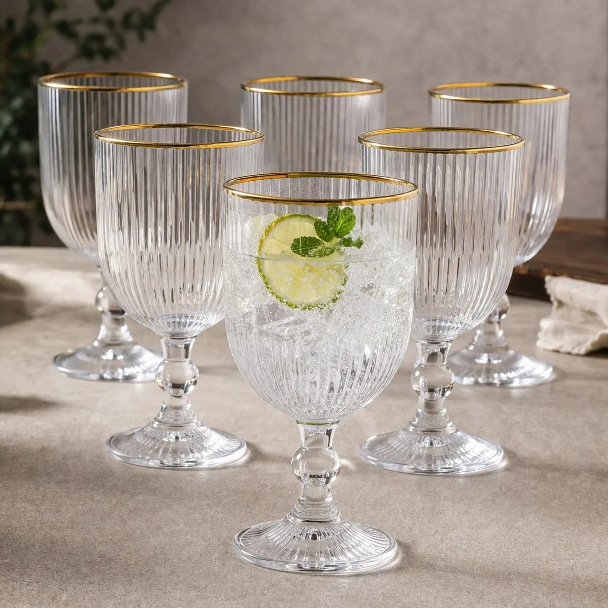 Jogo Com 6 Taças De Vidro Canelado Com Borda Dourada 400ml Design Elegante E Resistente Ideal Para Suco Água Refrigerante Drinks E Café Transparente Para Cozinha Bar E Restaurante