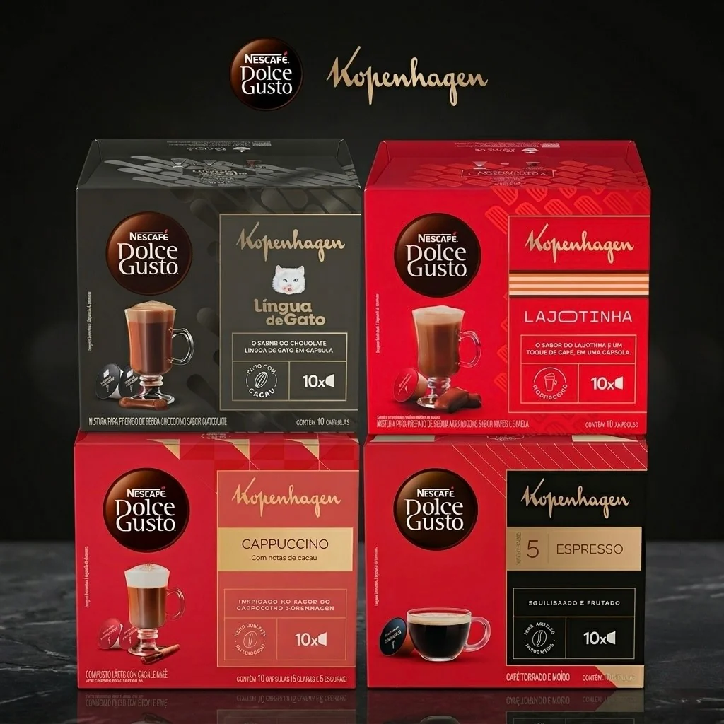 Kit Dolce Gusto + KOPENHAGEN - 40 cápsulas - Língua de Gato, Lajotinha, Cappuccino e Espresso