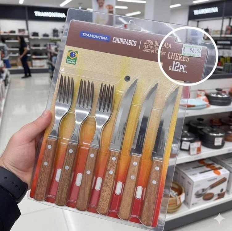 JOGO DE TALHERES PARA CHURRASCO DYNAMIC SORTIDOS COM LAMINAS DE ACO INOX E CABOS DE MADEIRA - 12 PEÇAS