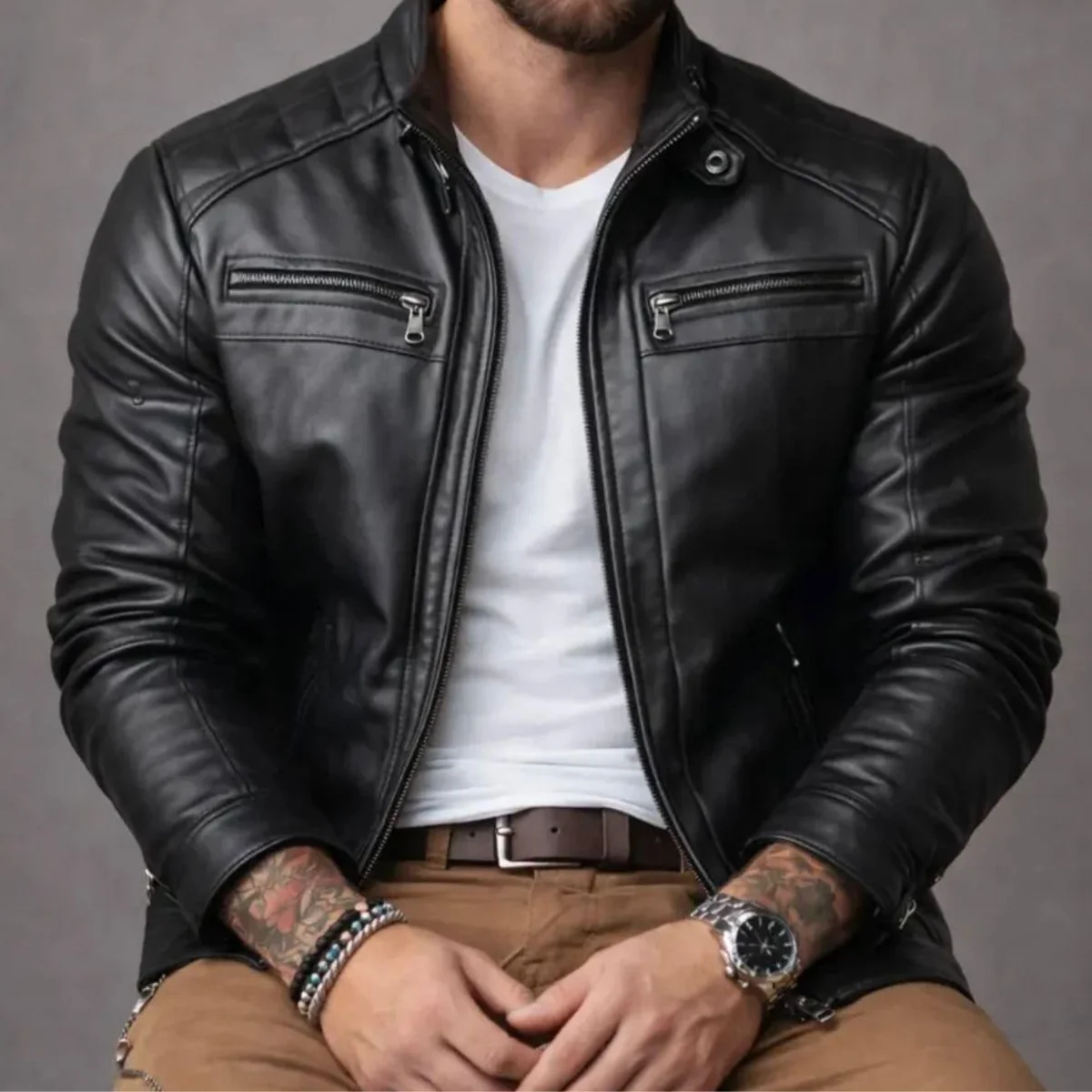 Jaqueta De Couro Masculino Slim Inverno Frio Sem Capuz Preto G Liso