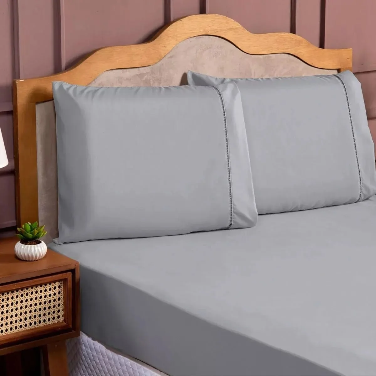 Jogo De Lençol Queen Micropercal 400 Fios Sofisticado 3pç Cor Cinza Desenho Do Tecido Liso