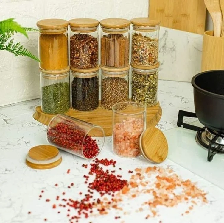 Kit 10 Potes De Mantimentos Herméticos Bambu 200ml Redondo De Vidro Tampa Vedação Alimentos Pítia Transparente
