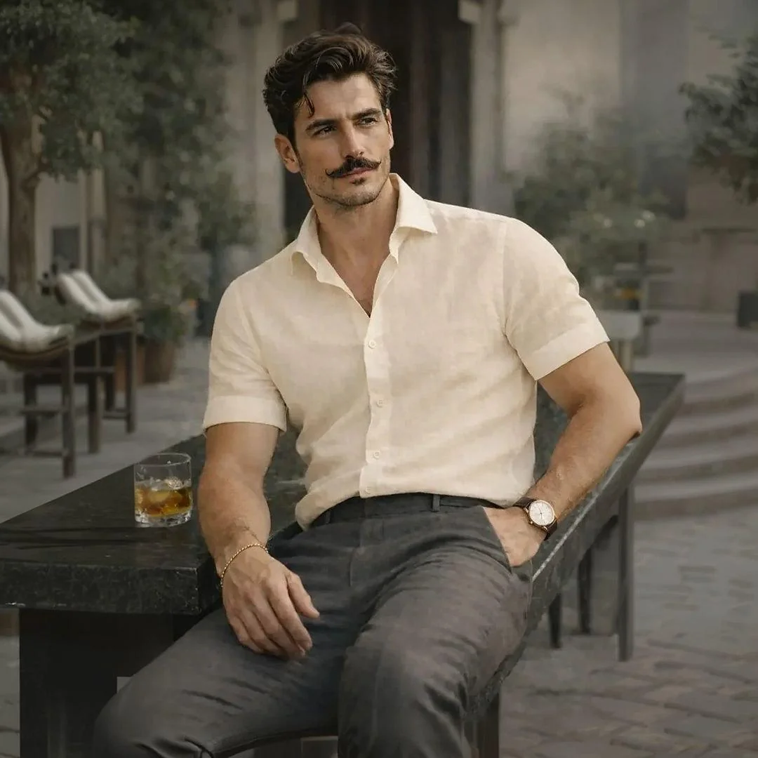 Camisa Casual Masculina Texturizada Com Botões Old Money Bege Linho P