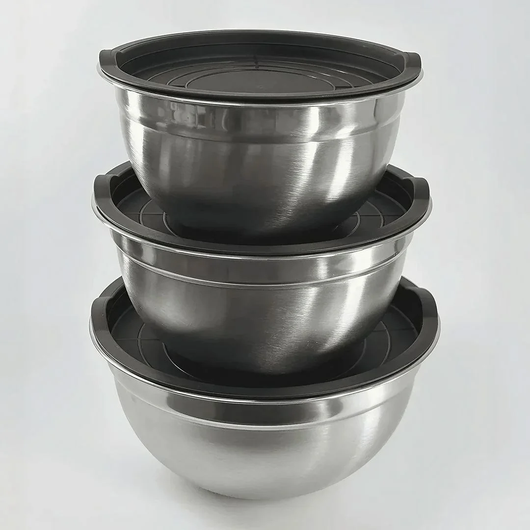 Conjunto De Bowls Tigela Inox Com Tampa Plástica Bumper Cinza
