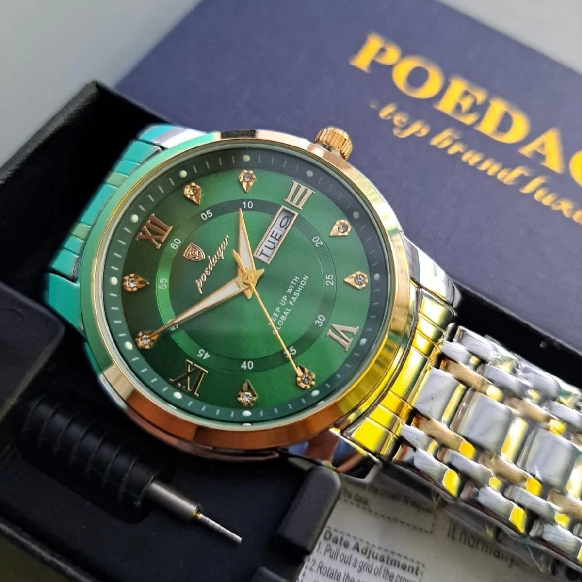 Relógio Poedagar Masculino Luxo Original Com Nota Fiscal Prateado Verde