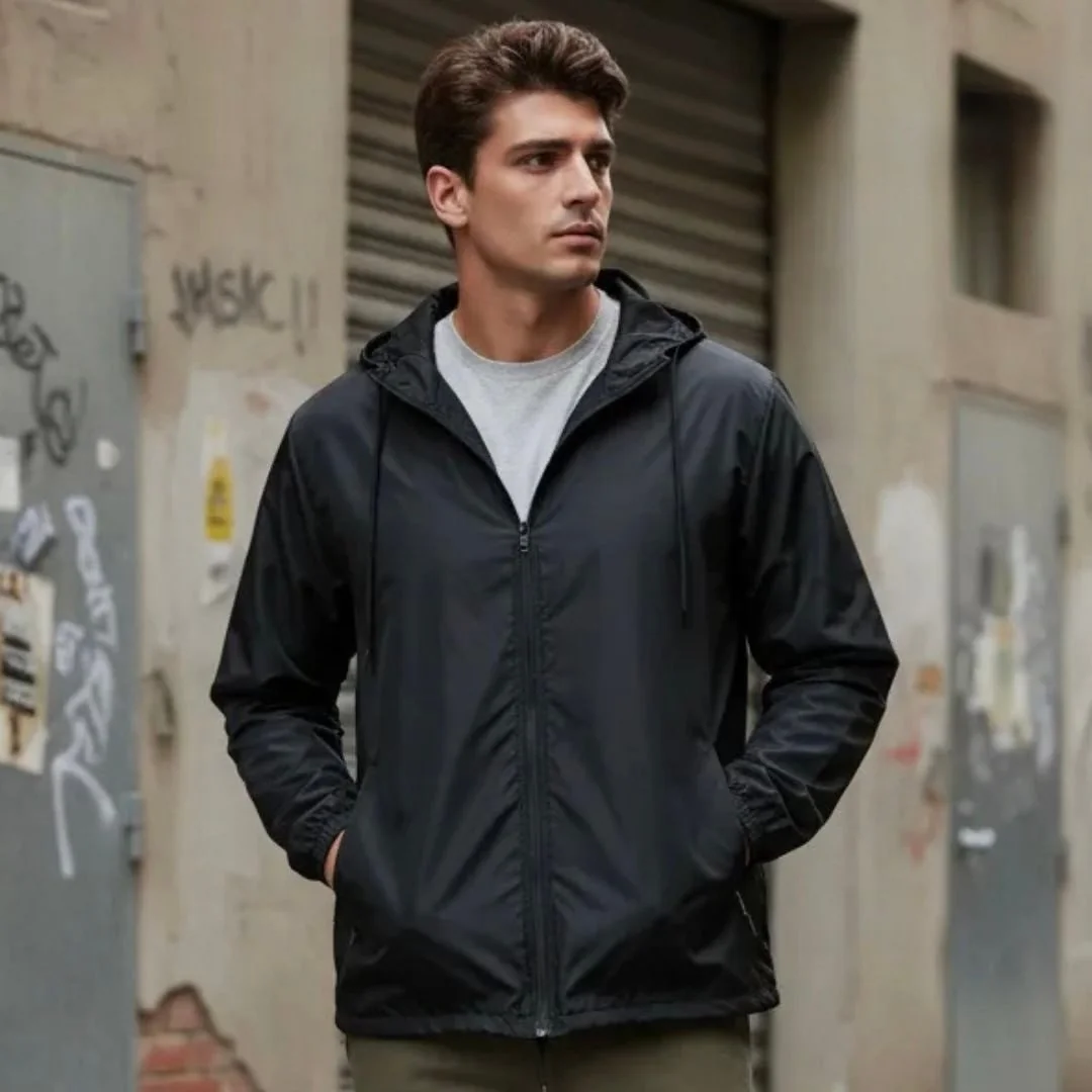 Jaqueta Corta Vento Masculina Impermeável Liso Capuz Premium