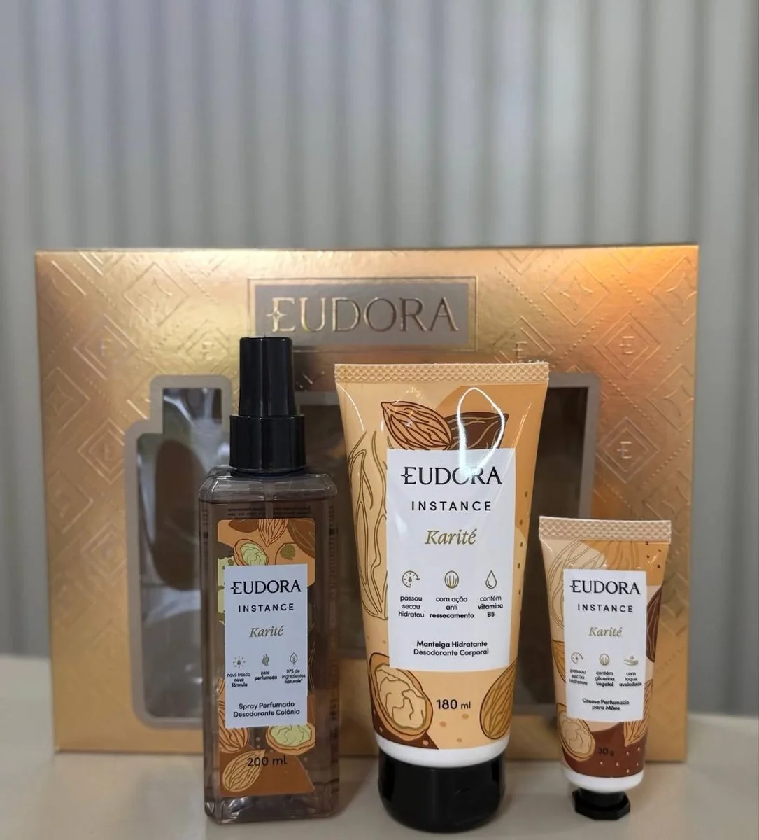 Eudora Kit Presente Instance Karité (3 Itens) - hidratante 180ml - creme para mãos 30g - body splash 200ml
