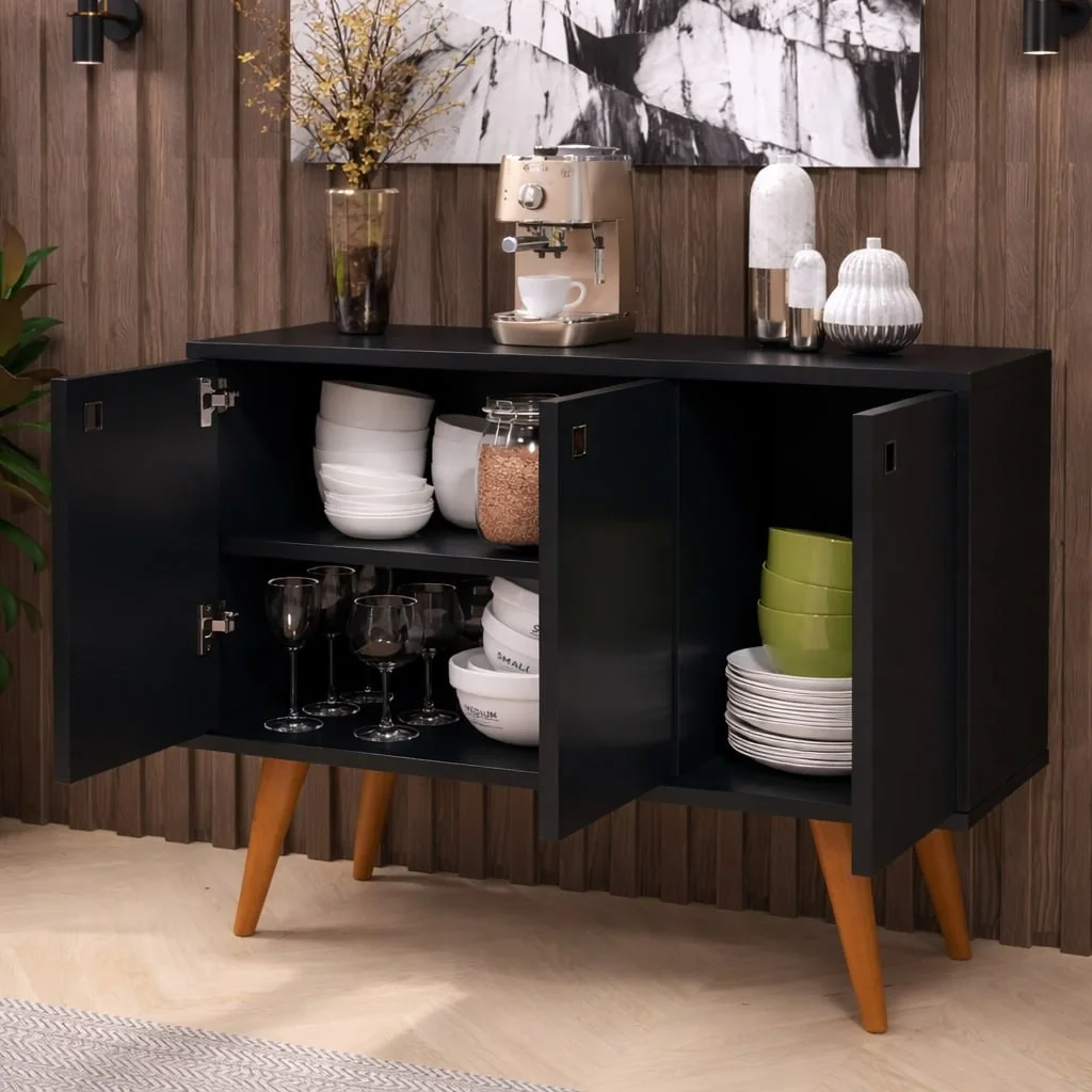 Aparador Buffet Multiuso Preto 3 Portas Sala De Jantar Preto