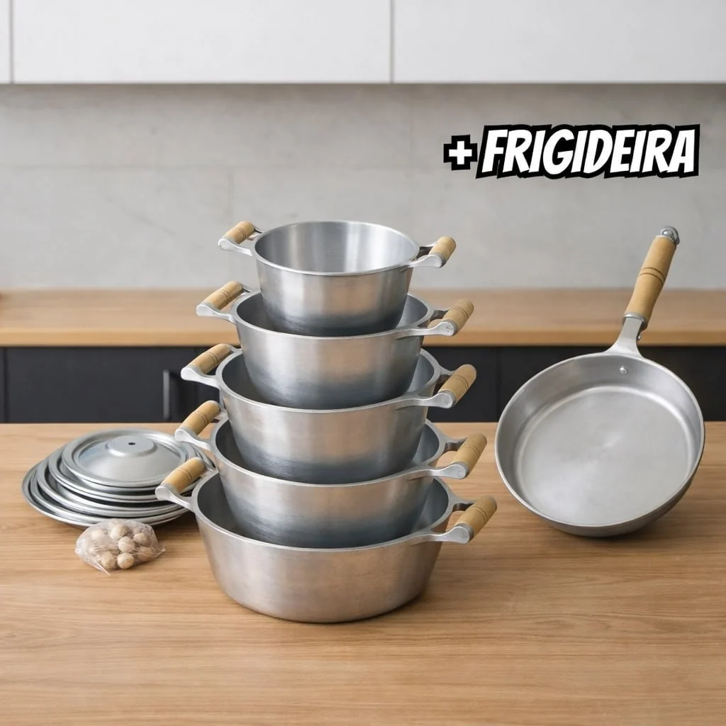 Conjunto Panelas Alumínio Batido Fundido + Frigideira Grossa Prateado