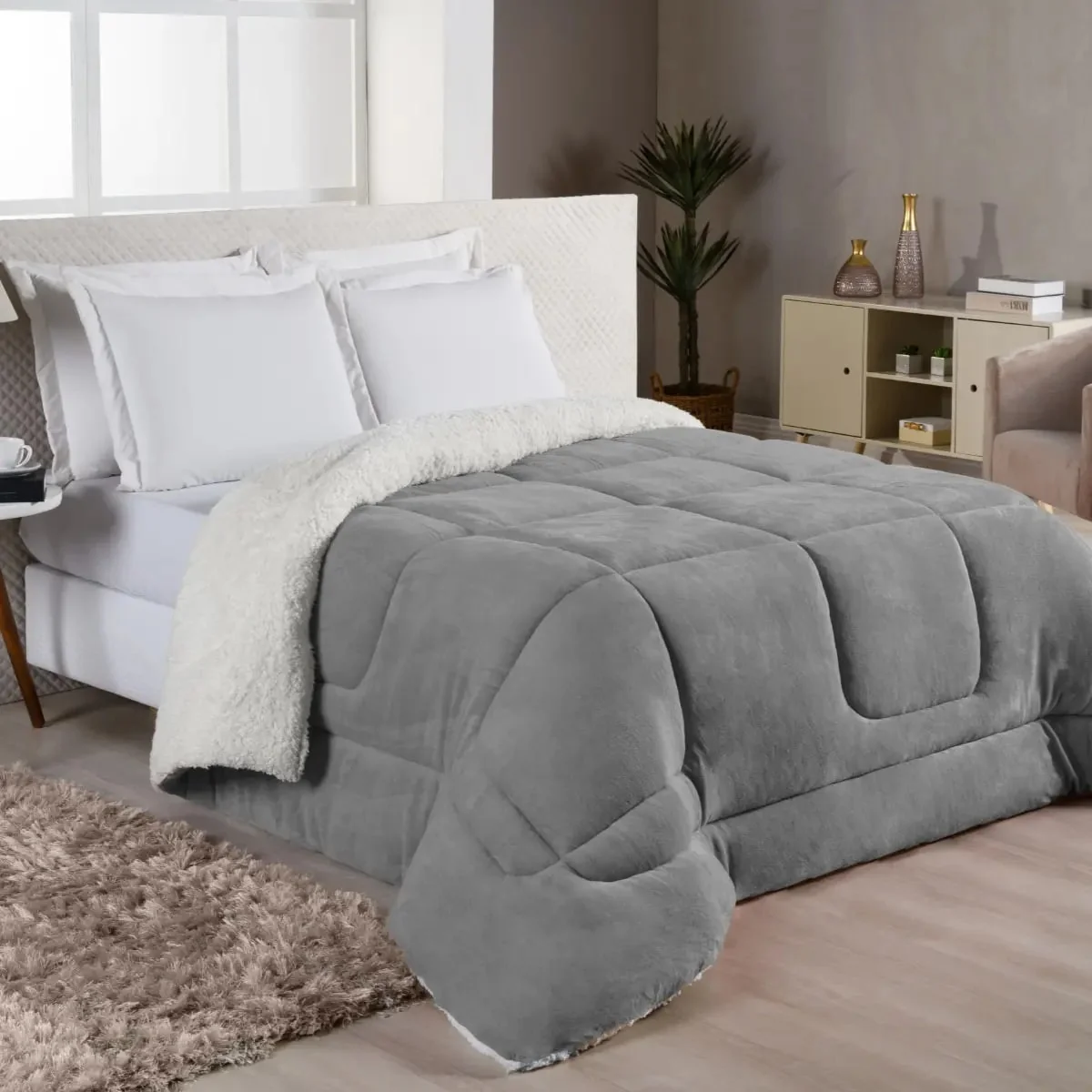 Edredom Sherpa Cobertor E Coberdrom Casal Queen Grosso Cores Cinza Lisa