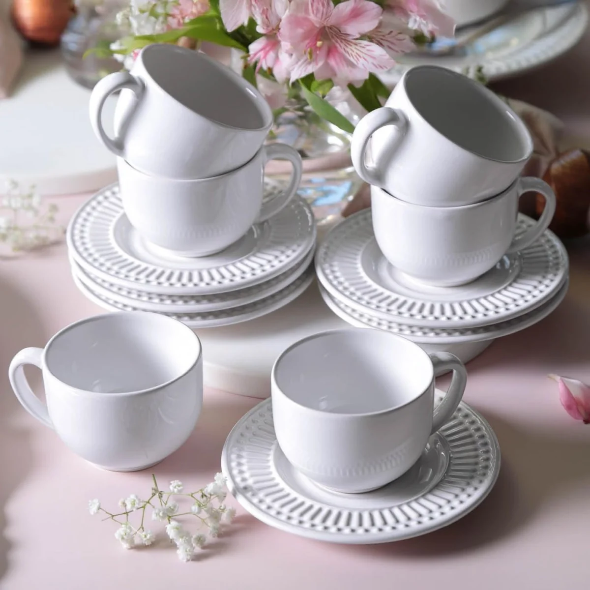 Jogo Com 6 Xícaras De Chá E 6 Pires Roma Branco Porto Brasil 161 Ml Relevo