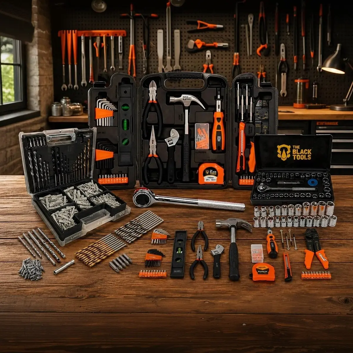 Kit Jogo De Ferramentas 129 Peças Com Jogo De 40 Soquetes Chaves E Kit 300 Peças Brocas E Buchas The Black Tools Preto