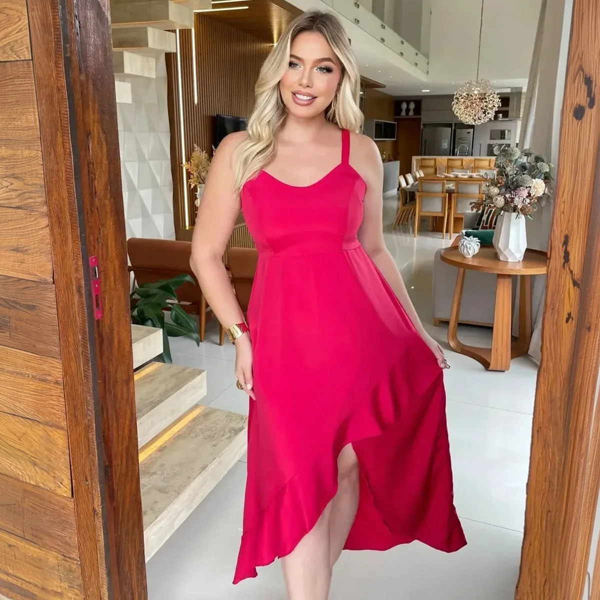 Vestido Longo Midi Social Feminino Pitanga Doce Elegante Rosa M-40