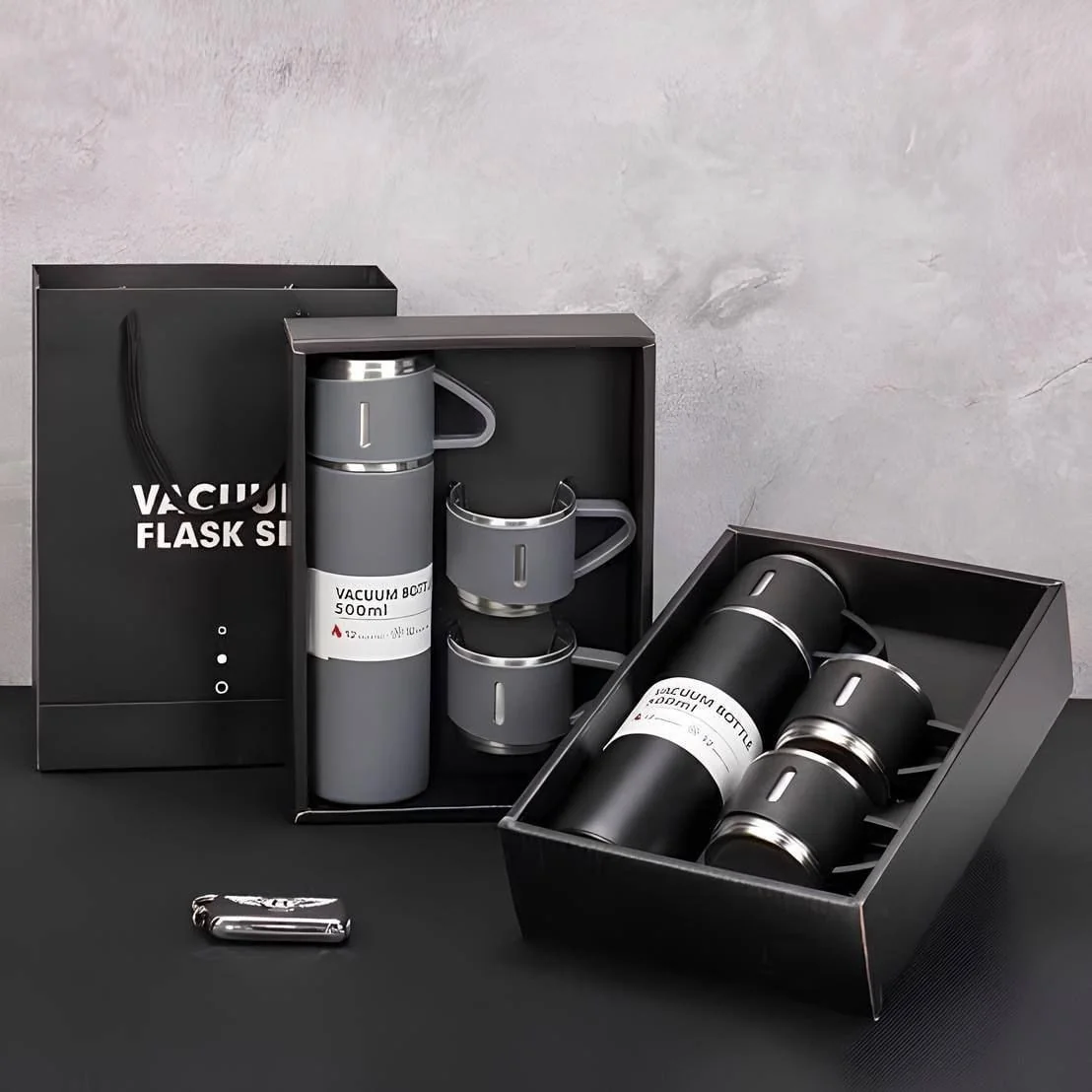 Caneca Kit Garrafa Térmica Vacuum Bottle Inox 500ml + 3 Xíca