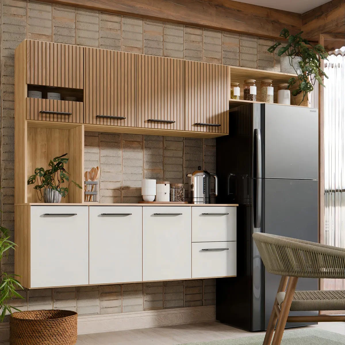 Armário De Cozinha Completa Aéreo 7 Portas E 2 Gavetas Planejada Suspenso Branco Off White Ripado Carvalho Nature Amadeirado Off Ripado