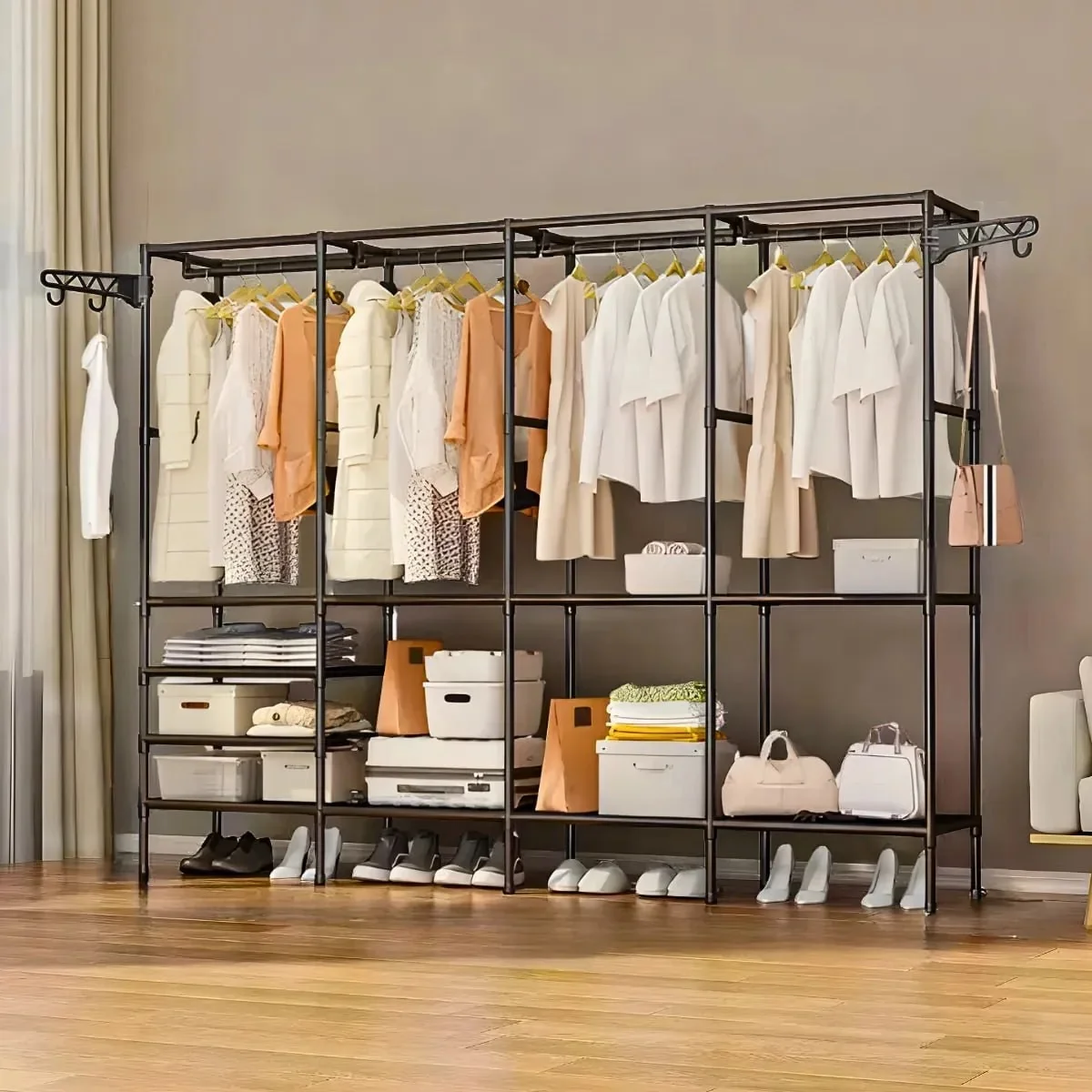 Arara Organizadora 4 Colunas Em Aço Resistente Guarda Roupa Dobrável Modular Cabideiro Closet Aberto Organizador De Roupas Desmontável Preto